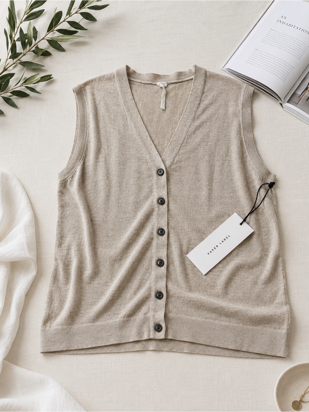 Sleeveless Button-Front Knit Vest in Light Beige